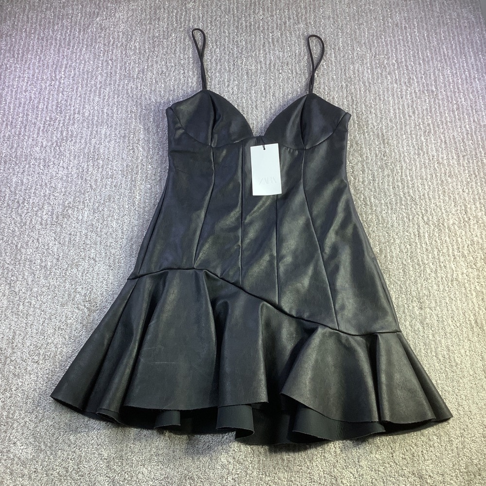Zara Black Faux Leather Bustier Mini Dress Ruffle Hem Spaghetti Strap Size L NWT